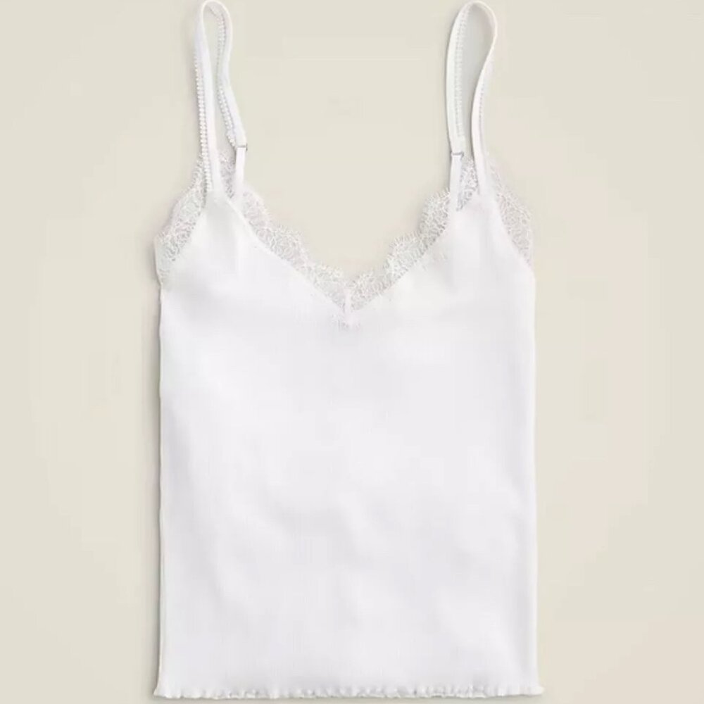 NWT J.Crew White Ribbed Lace Trim Tank Camisole Size M